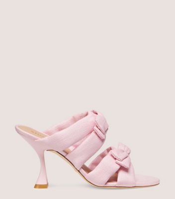 Stuart Weitzman,SOFIA XCURVE 85 SLIDE HEEL,Woven,Linen,Leather,Sandals,Caged,Bow,Day Party,Pink,Front View