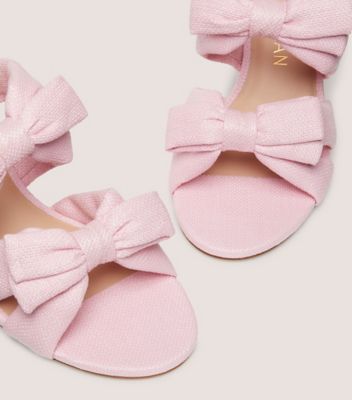 Stuart Weitzman,SOFIA XCURVE 85 SLIDE HEEL,Woven,Linen,Leather,Sandals,Caged,Bow,Day Party,Pink,Detailed View