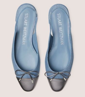 Stuart Weitzman,SLEEK BOW SLINGBACK FLAT,Denim,Leather,Rubber,Flats,Color Block,Bow,Day Party,,Top View