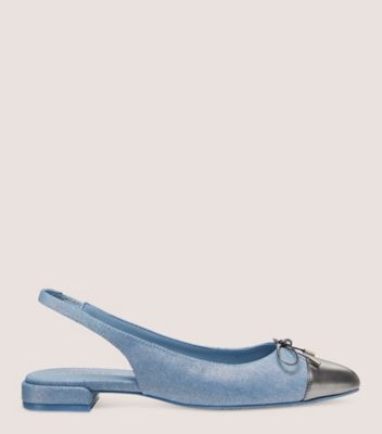 Stuart Weitzman,SOULIER PLAT ÉLÉGANT À BRIDE ARRIÈRE AVEC BOUCLE,Flat,Denim métallique et cuir métallique liquide,Denim et bronze industriel,Front View