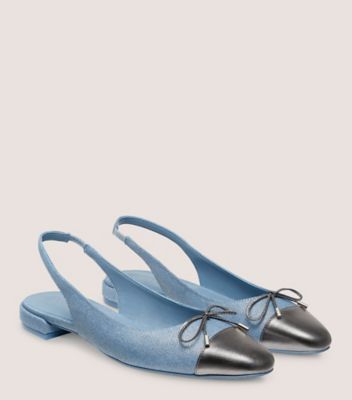 Stuart Weitzman,SOULIER PLAT ÉLÉGANT À BRIDE ARRIÈRE AVEC BOUCLE,Flat,Denim métallique et cuir métallique liquide,Denim et bronze industriel,Angle View