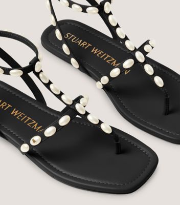 Stuart Weitzman,PEARLITA FLAT SANDAL,Leather,Nappa Leather,Rubber,Sandals,Pearl,Embellished,Casual,Black,Top View