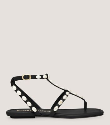 Stuart Weitzman,PEARLITA FLAT SANDAL,Leather,Nappa Leather,Rubber,Sandals,Pearl,Embellished,Casual,Black,Front View