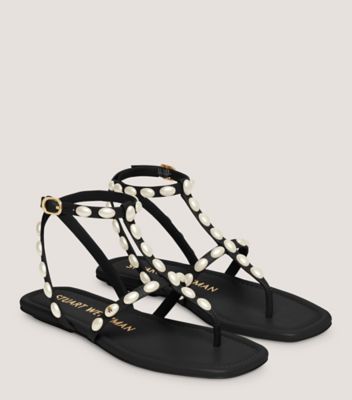 Stuart Weitzman,PEARLITA FLAT SANDAL,Leather,Nappa Leather,Rubber,Sandals,Pearl,Embellished,Casual,Black,Angle View