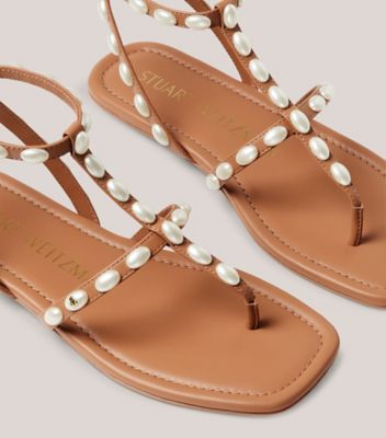 Stuart Weitzman,PEARLITA FLAT SANDAL,Leather,Nappa Leather,Rubber,Sandals,Pearl,Embellished,Casual,Brown,Top View