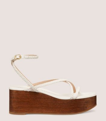 Stuart Weitzman,WOVETTE WEDGE,Woven,Leather,Rubber,Sandals,Braided,Day Party,White,Front View