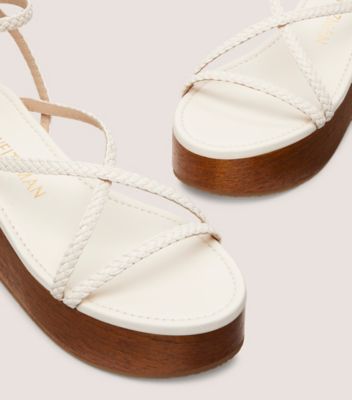 Stuart Weitzman,WOVETTE WEDGE,Sandal,Woven leather & wood,Seashell & walnut,Detailed View