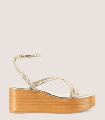 Stuart Weitzman,WOVETTE WEDGE,Woven,Leather,Sandals,Braided,Day Party,Gold,Metallic,Front View