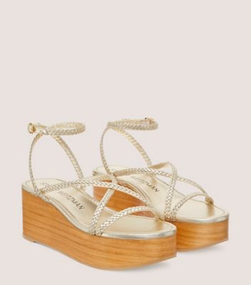 Stuart Weitzman,WOVETTE WEDGE,Woven,Leather,Sandals,Braided,Day Party,Gold,Metallic,Angle View