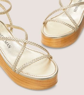 Stuart Weitzman,WOVETTE WEDGE,Leather,Sandals,Braided,Day Party,Gold,Metallic