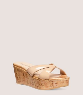 Stuart Weitzman,CARMEN PLATFORM SLIDE,Slide sandal,Patent leather,Adobe Beige,Side View