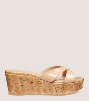 Stuart Weitzman,CARMEN PLATFORM SLIDE,Leather,Slides,Day Party,Beige,Front View