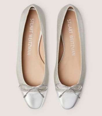 Stuart Weitzman,SLEEK BOW FLAT,Linen,Leather,Rubber,Ballet Flats,Bow,Day Party,Metallic,Silver