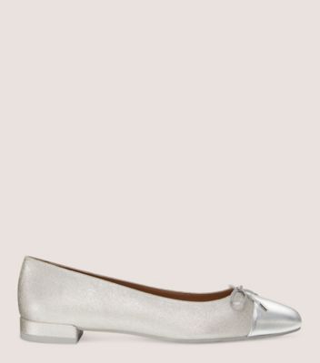 Stuart Weitzman,SLEEK BOW FLAT,Flat,Metallic linen & liquid metallic leather,Silver,Front View