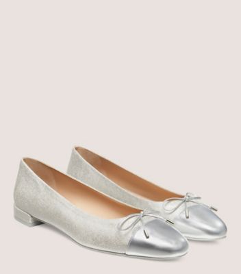 Stuart Weitzman,SLEEK BOW FLAT,Flat,Metallic linen & liquid metallic leather,Silver,Angle View