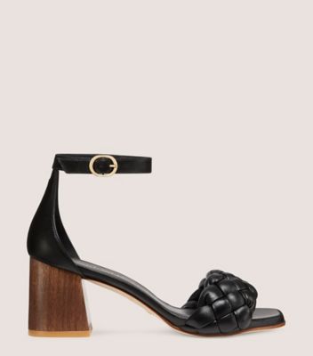 Stuart Weitzman,BRAIDA 75 SANDAL,Sandal,Lacquered nappa leather & wood,Black & walnut,Front View