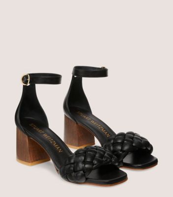 Stuart Weitzman,BRAIDA 75 SANDAL,Sandal,Lacquered nappa leather & wood,Black & walnut,Angle View