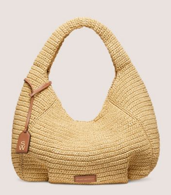 Stuart Weitzman,MODA HOBO BAG,Raffia,Hobo,Logo,Metal,Word Embellishment,Pleats,Casual,Beige,Front View