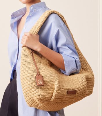Stuart Weitzman,MODA HOBO BAG,Raffia,Hobo,Logo,Metal,Word Embellishment,Pleats,Casual,Beige