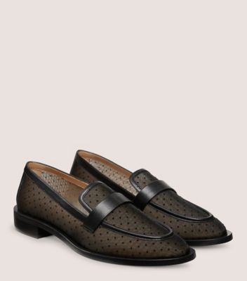 Stuart Weitzman,PALMER SLEEK LOAFER,Leather,Mesh,Rubber,Flats,Loafer,Penny Loafer,Piping,Day Party,Black,Angle View