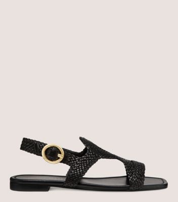 Stuart Weitzman,WOVETTE FLAT SANDAL,Sandal,Woven leather,Black,Front View