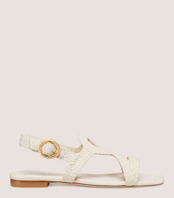 Stuart Weitzman,WOVETTE FLAT SANDAL,Woven,Leather,Sandals,Cut Out,Braided,Casual,Cream,Front View