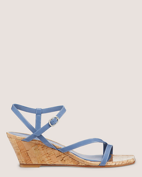Stuart Weitzman,OASIS 50 WEDGE,Sandal,Patent leather,Blue Steel,Front View