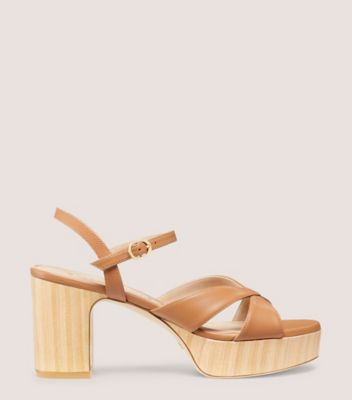 Stuart Weitzman,CARMEN MIDI PLATFORM SANDAL,Sandal,Lacquered nappa leather & wood,Tan & Sand,Front View