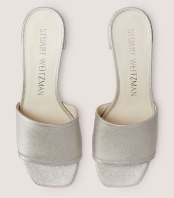 Stuart Weitzman,CAYMAN 35 BLOCK SLIDE,Linen,Leather,Slides,Glitter,Day Party,Metallic,Silver,Top View