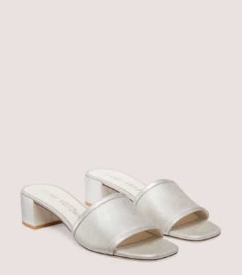 Stuart Weitzman,CAYMAN 35 BLOCK SLIDE,Linen,Leather,Slides,Glitter,Day Party,Metallic,Silver,Angle View