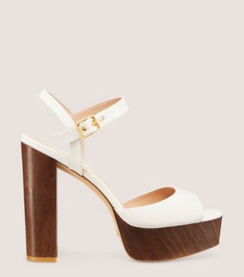 Stuart Weitzman,RYDER 95 PLATFORM SANDAL,Sandal,Lacquered nappa leather & wood,Seashell & walnut,Front View