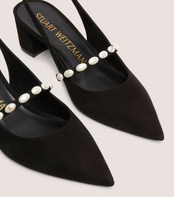 Stuart Weitzman,PEARLITA 50 BLOCK SLINGBACK,Suede,Pumps,Pleats,Shoe Straps,Pearl,Cocktail,Black,Top View