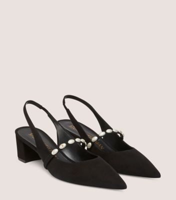 Stuart Weitzman,PEARLITA 50 BLOCK SLINGBACK,Suede,Pumps,Pleats,Shoe Straps,Pearl,Cocktail,Black,Angle View