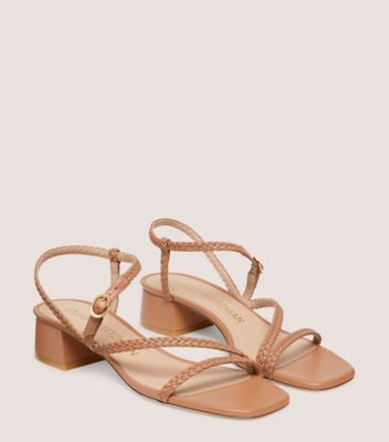 Stuart Weitzman,WOVETTE 35 FLAREBLOCK SANDAL,Woven,Leather,Sandals,Braided,Day Party,Brown