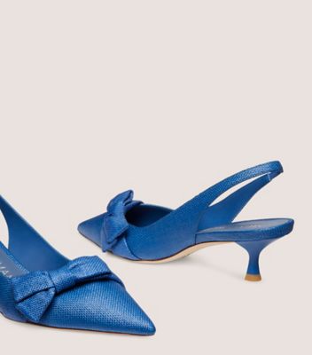 Stuart Weitzman,SOFIA 50 SLINGBACK,Woven,Linen,Leather,Pumps,Bow,Day Party,Blue,Detailed View