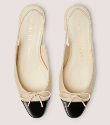 Stuart Weitzman,SLEEK BOW SLINGBACK FLAT,Flat,Woven linen & patent leather,Natural & black