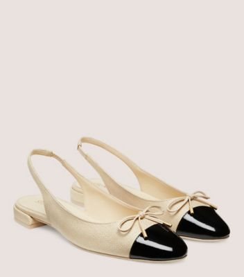 Stuart Weitzman,SLEEK BOW SLINGBACK FLAT,Flat,Woven linen & patent leather,Natural & black