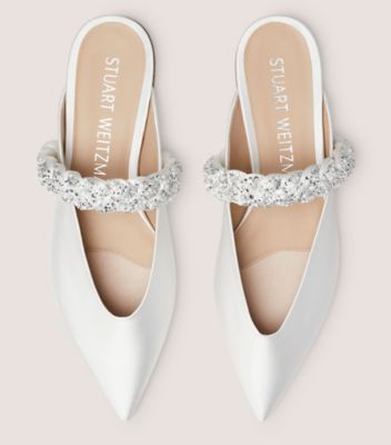 Stuart Weitzman,SOULIER PLAT À PERLES ROYALE BRAIDA,Flat,Satin,Blanc,Top View