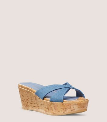 Stuart Weitzman,CARMEN PLATFORM SLIDE,Cork,Denim,Leather,Slides,Day Party,,Side View