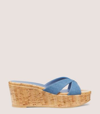 Stuart Weitzman,CARMEN PLATFORM SLIDE,Cork,Denim,Leather,Slides,Day Party,,Front View