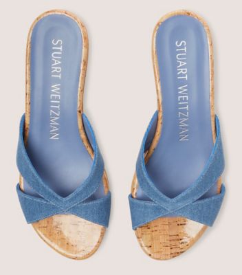 Stuart Weitzman,CARMEN PLATFORM SLIDE,Slide sandal,Vintage denim & cork,Washed Blue Denim,Detailed View
