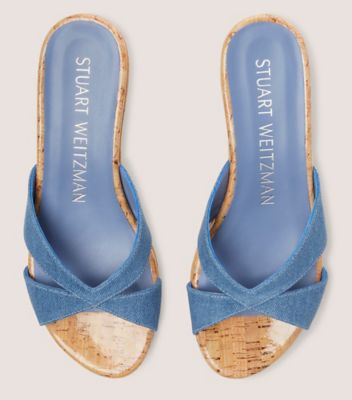 Stuart Weitzman,Slide sandal,Denim rétro et liège,Bleu Denim Délavé,Detailed View