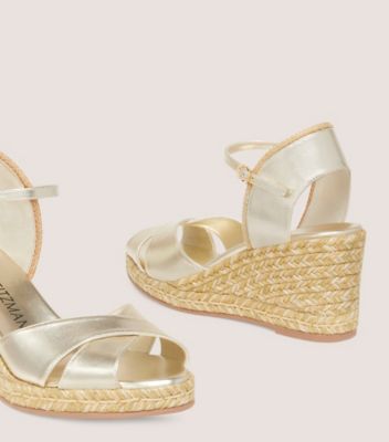 Stuart Weitzman,MIRELA II ESPADRILLE WEDGE,Sandal,Liquid metallic leather & jute,Light Gold,Detailed View