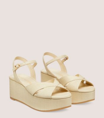 Stuart Weitzman,CARMEN MIDI WEDGE,Woven,Linen,Sandals,Day Party,Beige,Angle View