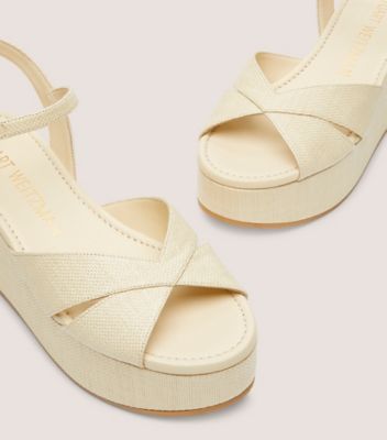 Stuart Weitzman,CARMEN MIDI WEDGE,Woven,Linen,Sandals,Day Party,Beige,Detailed View