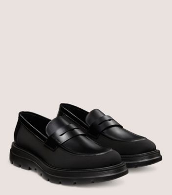 Stuart Weitzman,SW CLUB LA PENNY LOAFER,Loafer,Brushed Leather & Fabric,Black,Angle View