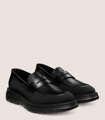 Stuart Weitzman,SW CLUB LA PENNY LOAFER,Leather,Rubber,Loafer,Penny Loafer,Padded Insole,Traction,Business Casual,Black,Angle View