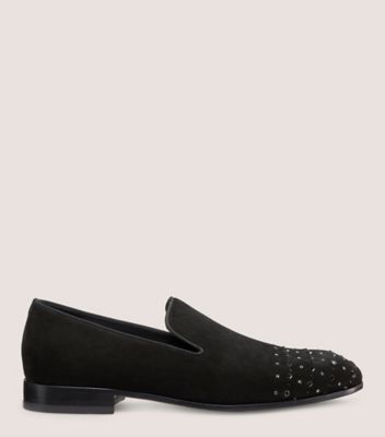 Stuart Weitzman,PREMIERE PARTY TOE CAP LOAFER,Loafer,Suede & Strass,Black,Front View
