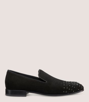 Stuart Weitzman,PREMIERE PARTY TOE CAP LOAFER,Leather,Suede,Smoking Flat,Crystal,Fabric,Notched Embellishment,Studded,Rhin...,Black,Front View