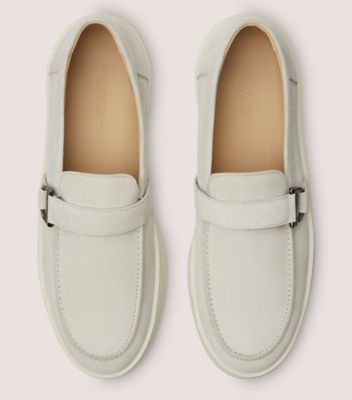 Stuart Weitzman,HAMPTONS BUCKLE LOAFER,Leather,Suede,Rubber,Loafer,Metal,Shoe Straps,Gunmetal,Business Casual,White,Top View